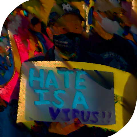 A senior Asian man wearing a mask in a crowd. He is holding a sign that says, "Hate is a virus."